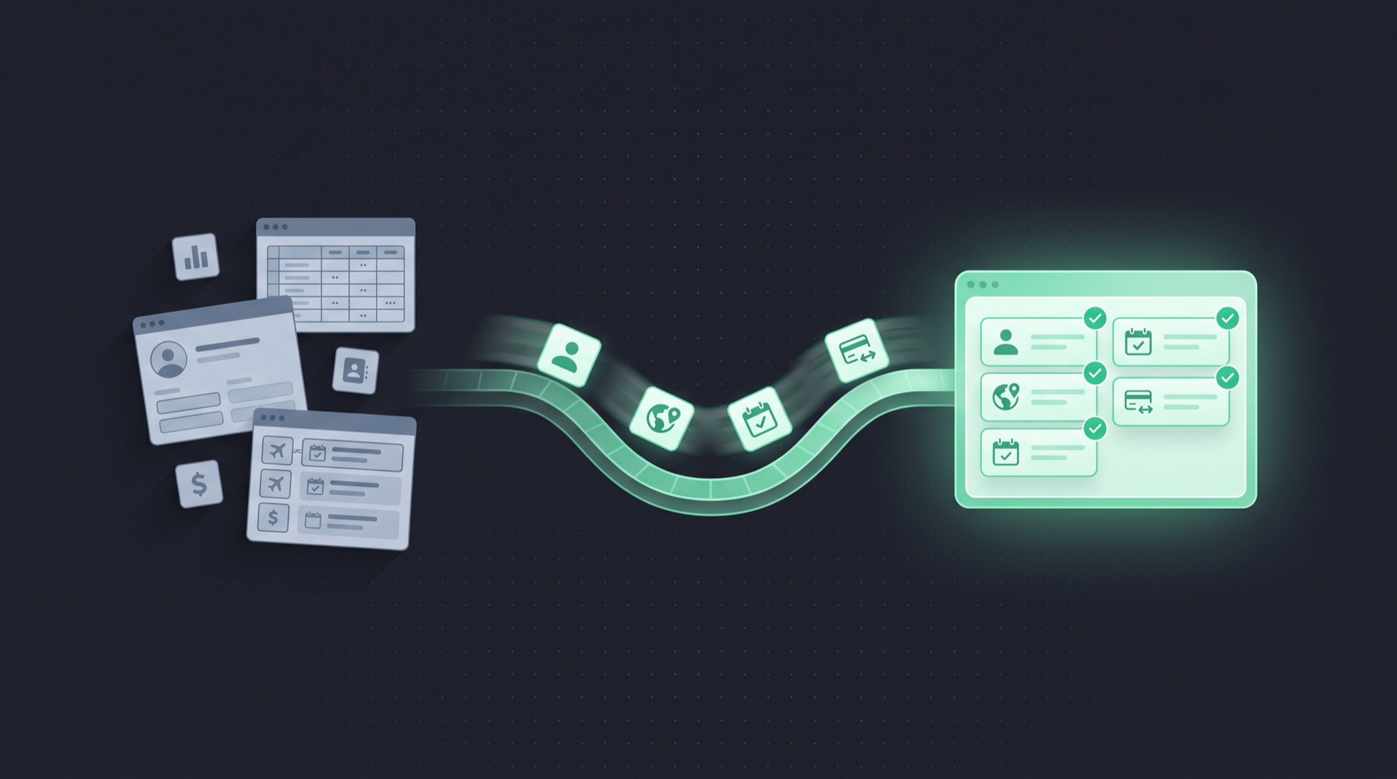 Illustration of GLOBEpro's Done-for-you migration: data migrating from legacy tools into one reconciled system